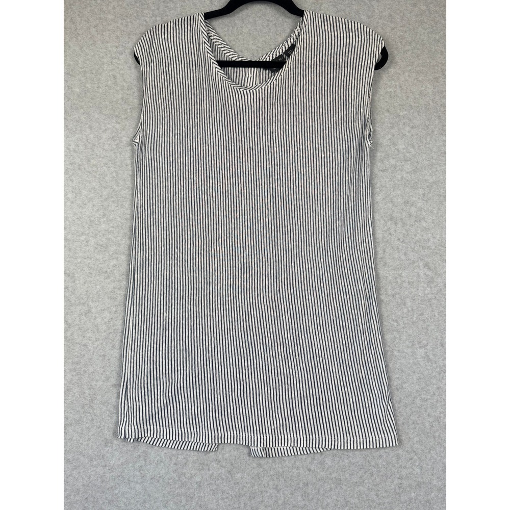 Tahari Women Navy White Striped 100% Linen Sleeveless Button Back Top Small